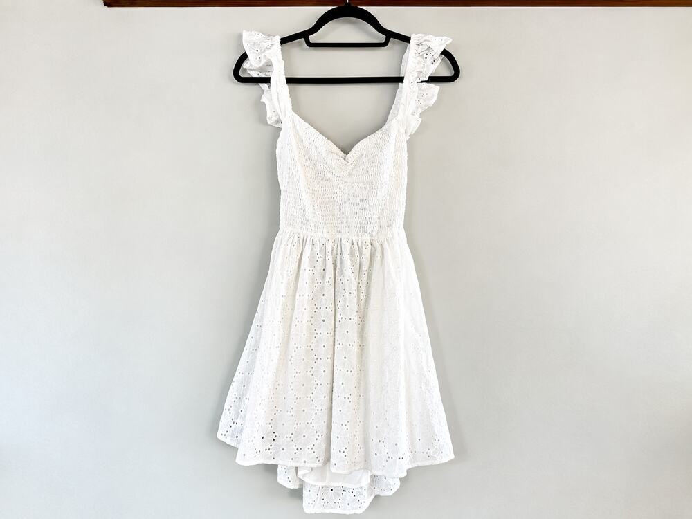 Lulus Sweetly Sincere White Eyelet Mini Dress Size L NWT Open Back Ruffle